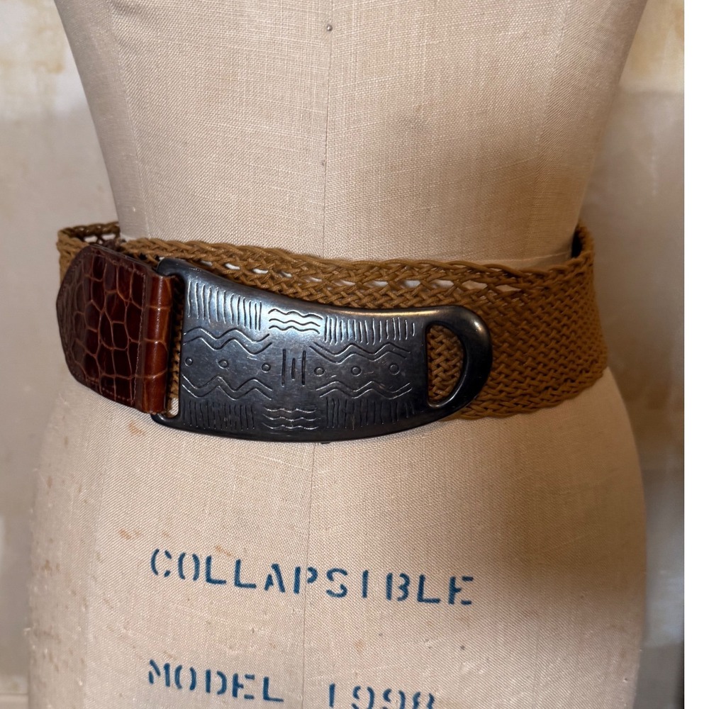 Vintage Woven Stretch Belt Made in Spain Etched Metal Buckle Croc Leather Trim